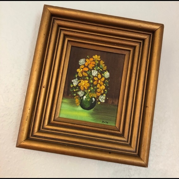 Vintage floral original art flowers green orange